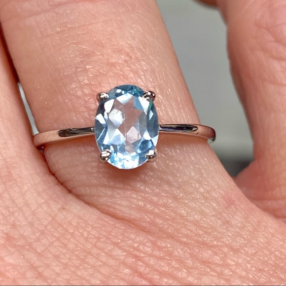 Genuine 1 Carat Aquamarine Oval Solitaire Ring ~ Dainty March Birthstone Ring - Picture 3 of 15